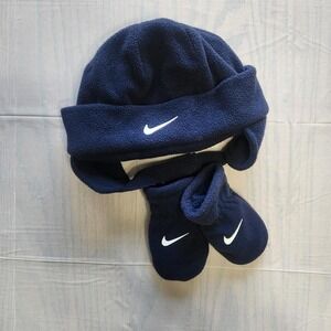 NIKE infant baby boy fleece winter hat and gloves set NAVY BLUE
